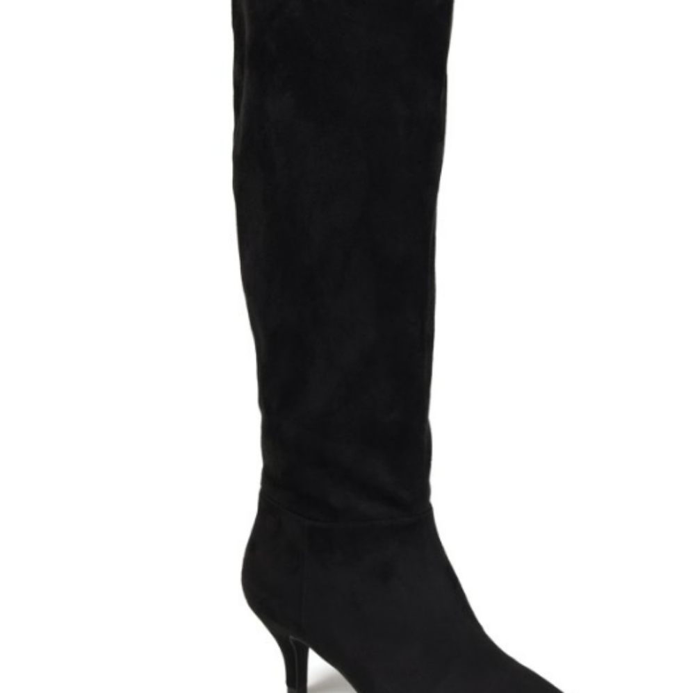 Black kitten heel slouch pointed toe boots